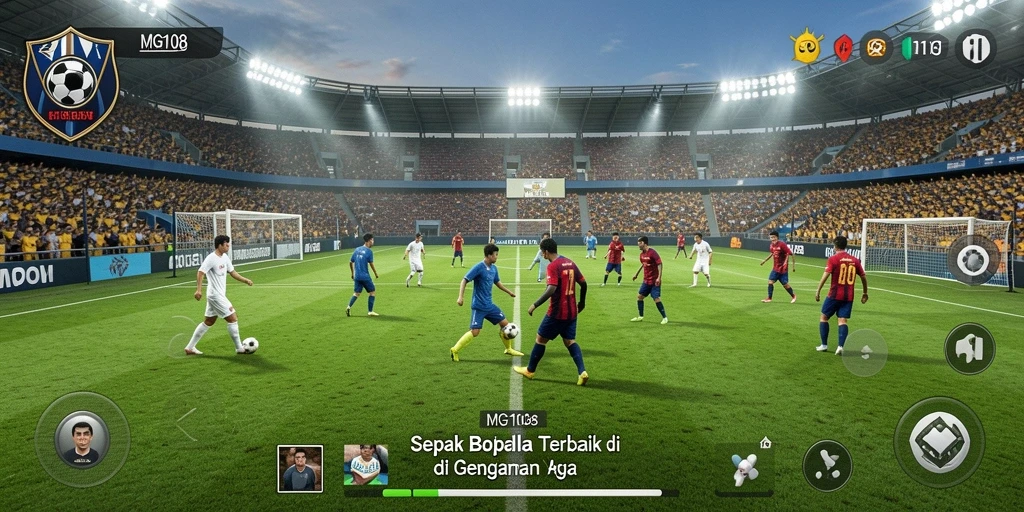 Screenshot gameplay MG108 yang menampilkan aksi sepak bola yang mendebarkan.