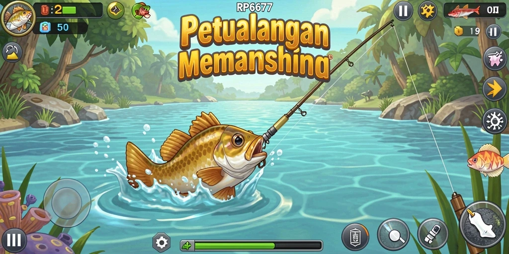 Screenshot gameplay RP6677 menunjukkan suasana memancing yang mendebarkan.