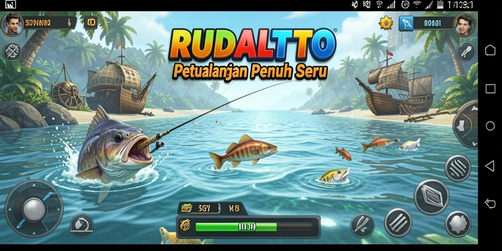 Screenshot gameplay RUDALTOTO yang menunjukkan aksi memancing yang seru.
