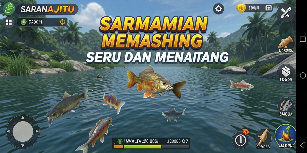 Screenshot gameplay SARANAJITU yang menampilkan aksi memancing seru.