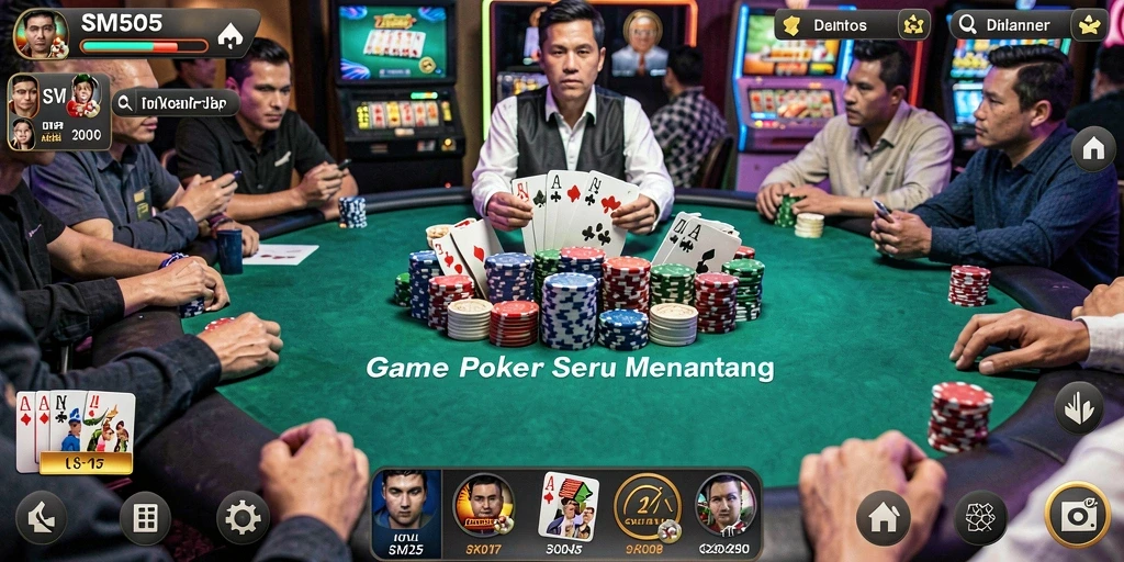 Screenshot gameplay SM605 menampilkan permainan poker yang mendebarkan.